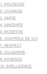 1. POLITESSE  2. COURAGE 3. AMITIE 4. SINCERITE 5. MODESTIE  6. CONTRÔLE DE SOI 7. RESPECT  8. SOLIDARITE 9. PATIENCE 10. INTELLIGENCE